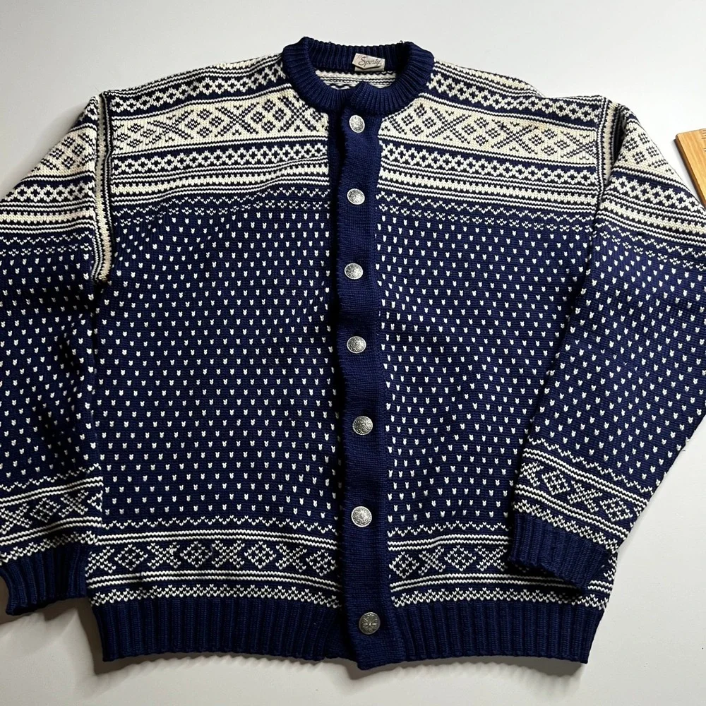 Vintage Sporty Olay Kvalitet Norwegian Wool Cardigan Navy‎ Blue Nordic Size 50